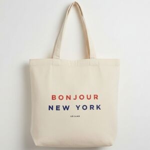 Sézane Bonjour New York Limited Edition Canvas Tote Bag Cream Navy Red